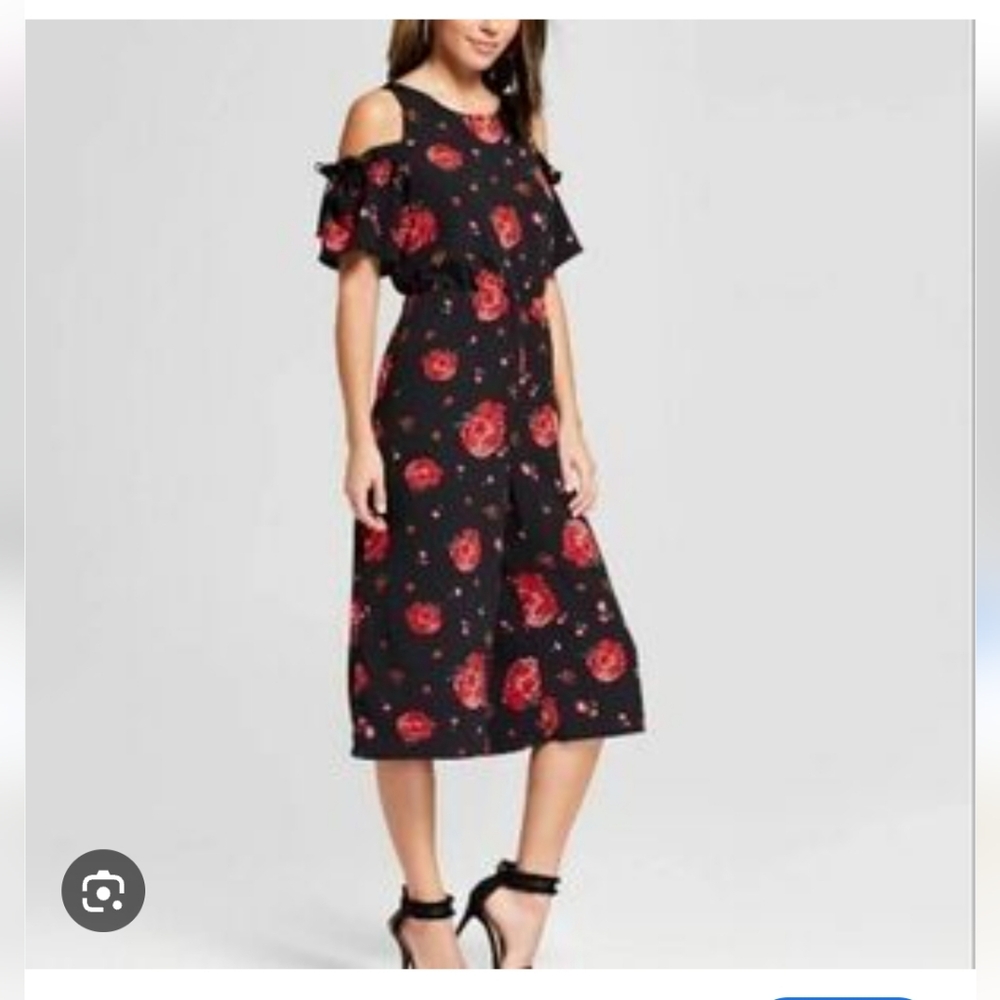 Floral Cold Shoulder Jumpsuit  - Black and Red Roses Size Xs But Fits Larger